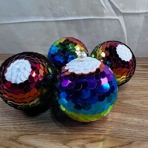 NWT North Pole Trading Co Rainbow Sequin Ball Christmas Ornaments Set of 4 Xmas